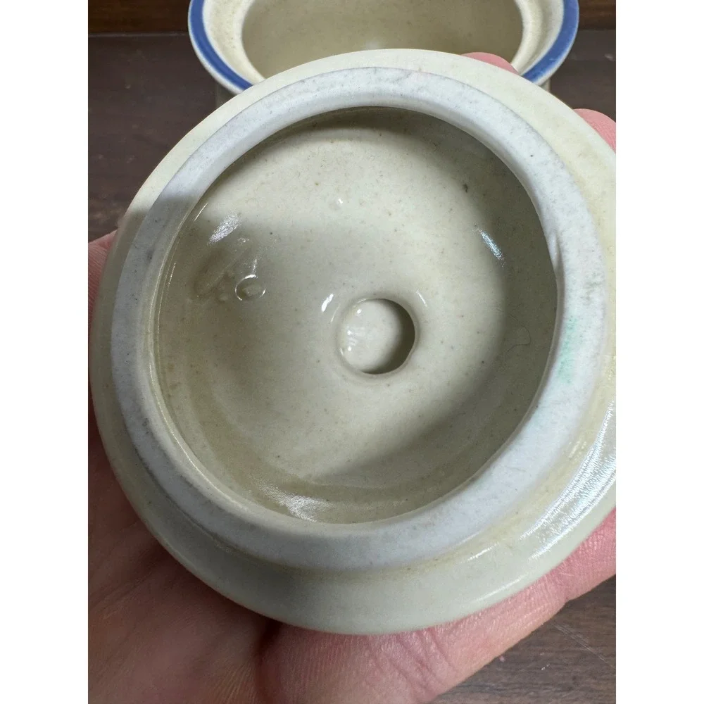 Vintage Hand Painted Blue Floral Stoneware Jam Jar Sugar Bowl with Lid Cream